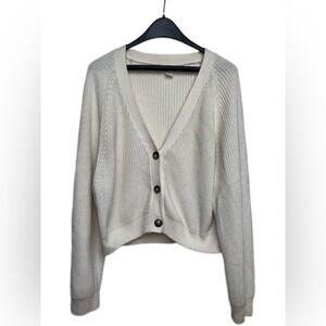 Monki Cream Rib Knit Cropped Cardigan Sweater Off White Button Front Womens M